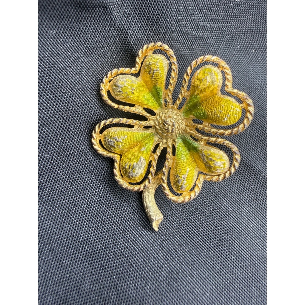 Vintage Gold Tone Four Leaf Clover Brooch Yellow Green Enamel Lucky Shamrock Pin
